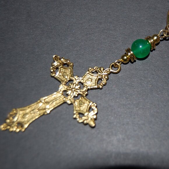 Cross Keychain,Golden Cross Keyring,Jade Bead,Gift,Birthday,Party - Picture 2 of 2